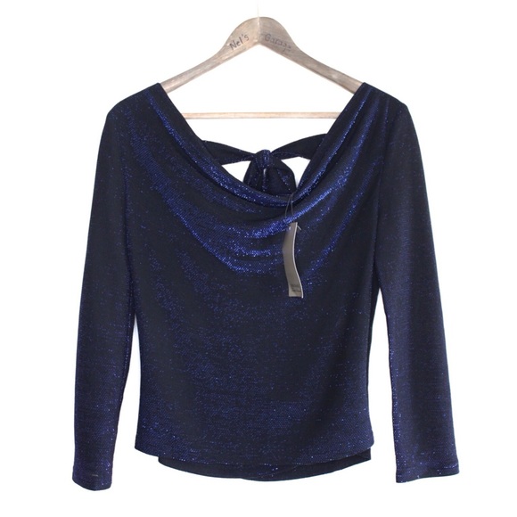 Zara NWT Shimmer Metallic Blue Draped Top with Open Draped Back & Tie Detail XS - Picture 2 of 8